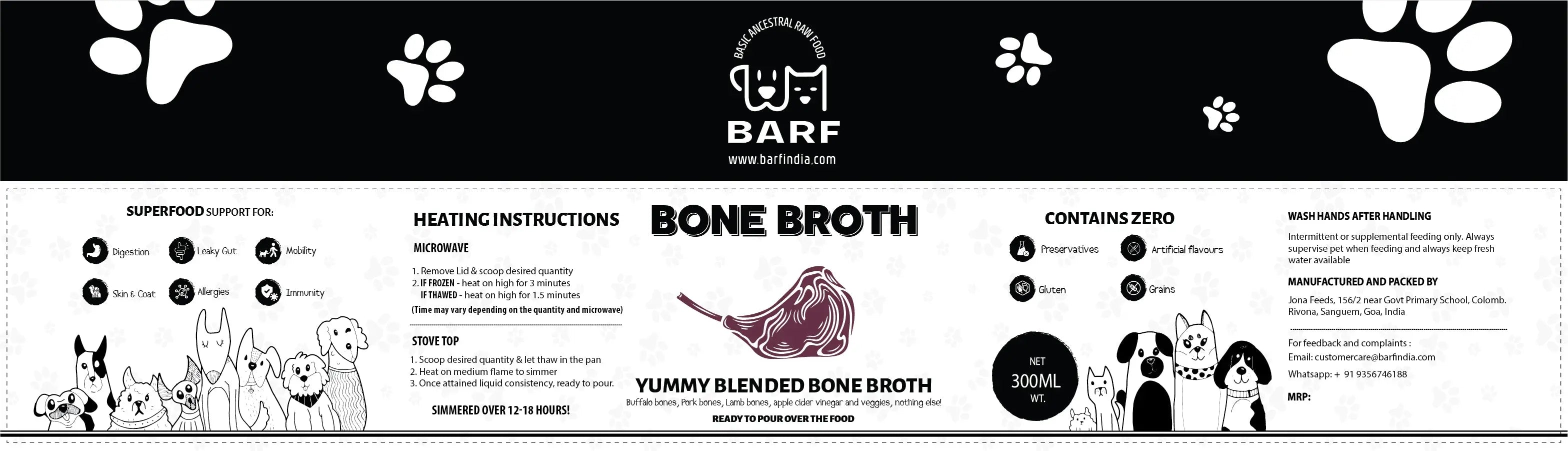 A black and white label for www.barfindia.com's Yummy Blended Bone Broth for dogs (Chilled) features paw prints, dog and cat images, heating instructions, ingredients, 300ml bottle info, and a central bone graphic with the product name.