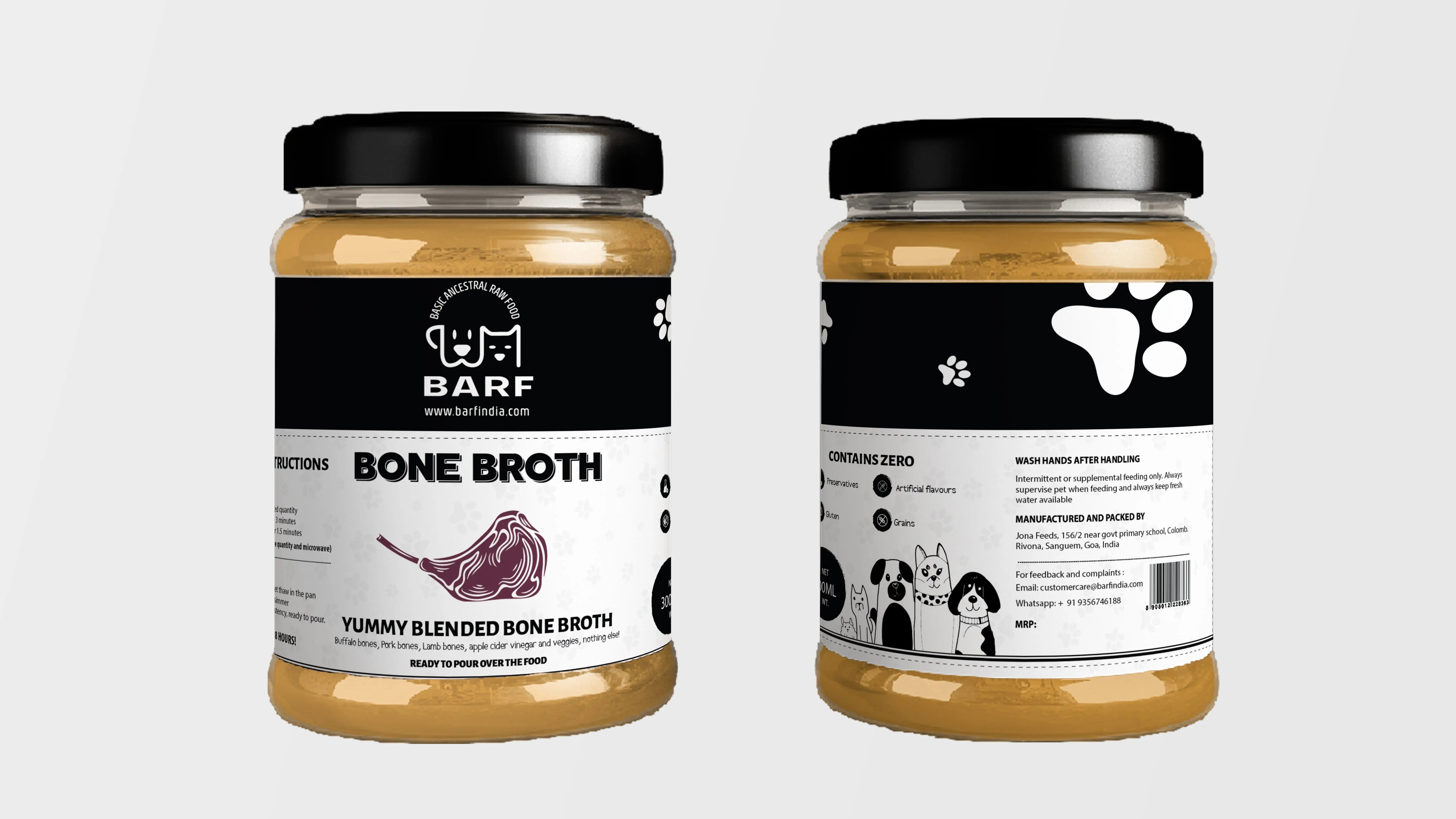 Two glass jars of www.barfindia.com’s Yummy Blended Bone Broth for dogs (Chilled) are displayed, each with black lids and white labels featuring black animal graphics, paw prints, and the product name on the front.