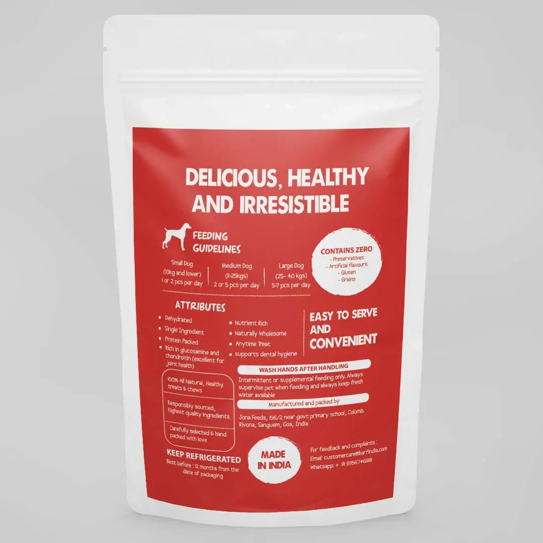 A white resealable pouch with a red label displays feeding guidelines and product info for Dog Treats Dehydrated Chicken Liver - 200 gms by www.barfindia.com, highlighting its healthy, grain-free nutrition and irresistible taste, made in India.