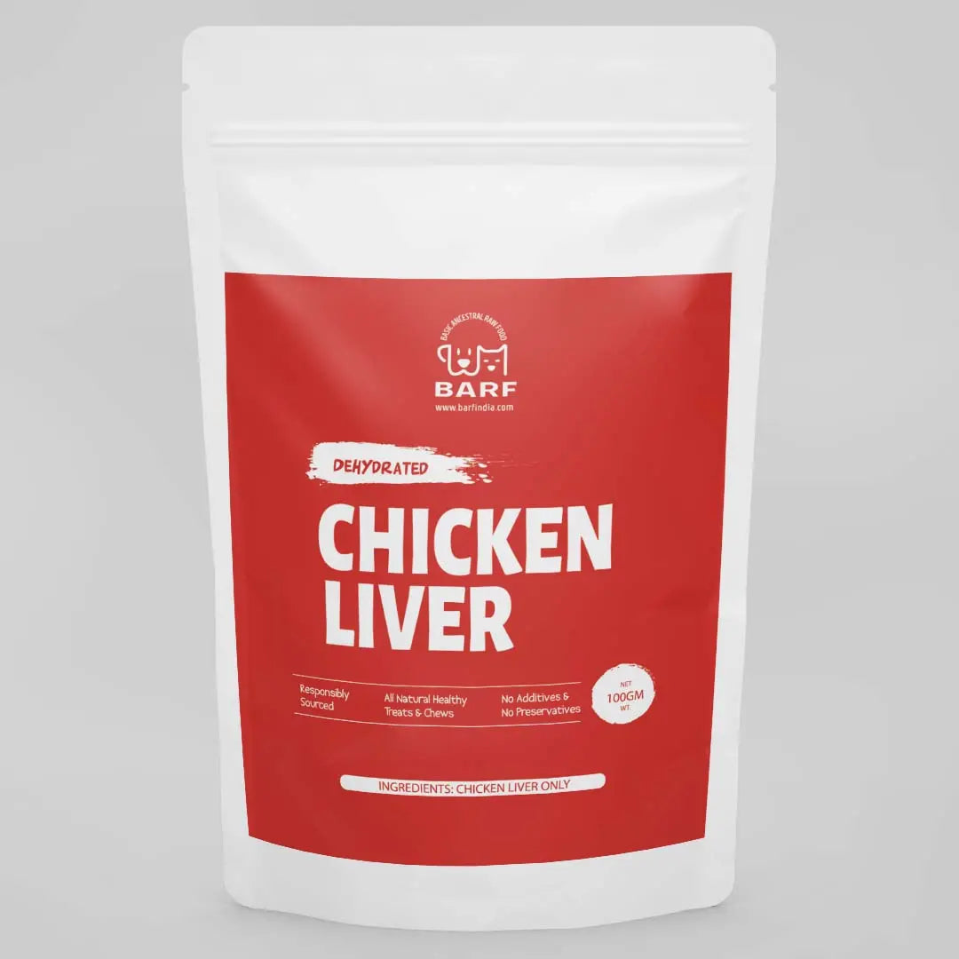 A white resealable pouch with a red label shows www.barfindia.com and Dog Treats Dehydrated Chicken Liver. This grain-free dog treat features only chicken liver and comes in a 200-gram pack.