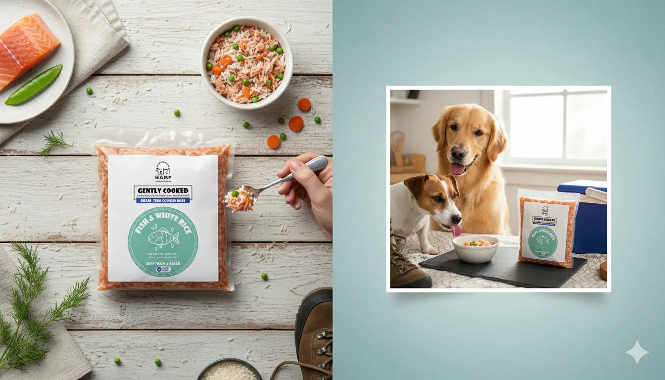 A package of www.barfindia.com Cooked Dog Food – Gently Cooked Boneless Fish and White Rice Recipe sits by a bowl of mixed veggies; nearby, two dogs eagerly watch as another bowl is served.