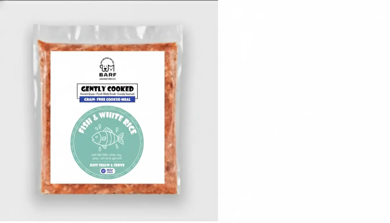 A vacuum-sealed pack of www.barfindia.com Cooked Dog Food – Gently Cooked Boneless Fish and White Rice Recipe with a white label featuring a cartoon fish on a light blue circle—ideal for puppies and senior dogs.