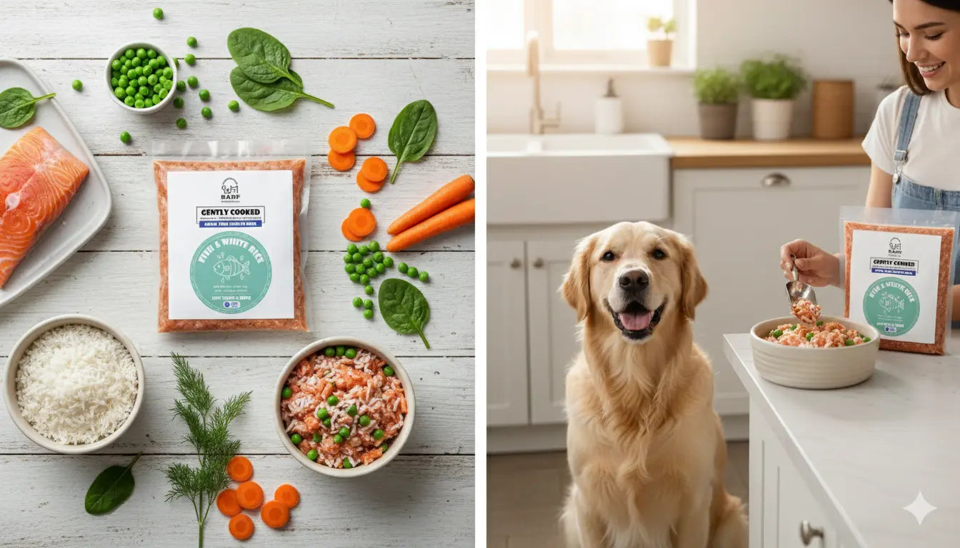 A split image shows salmon, white rice, peas, spinach, and carrots around a www.barfindia.com Cooked Dog Food – Gently Cooked Boneless Fish and White Rice Recipe pack; on the right, a woman serves it to a happy golden retriever in a bright kitchen.