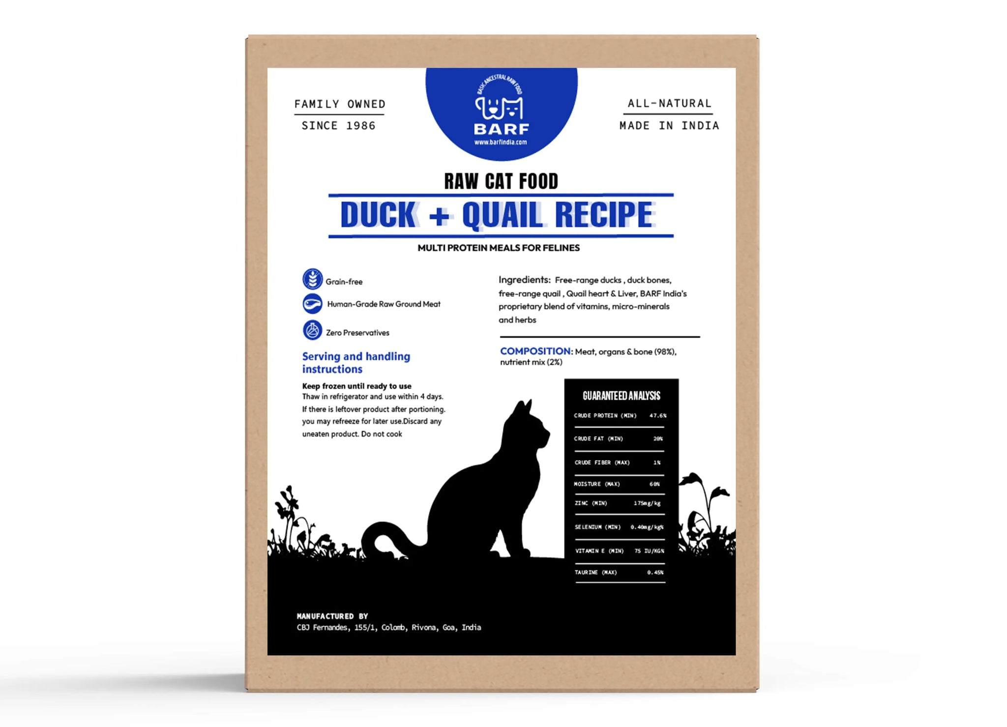 A cardboard box of www.barfindia.com Raw Cat Food - Duck and Quail, featuring a cat silhouette, ingredient list, feeding guide, and nutrition info—ideal for those wanting premium duck and quail food for cats.
