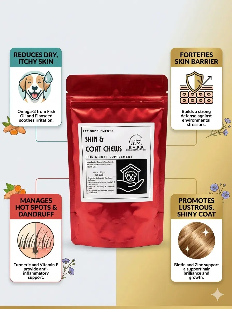 An infographic displays a red bag labeled “Skin & Coat Supplements for Dogs – BARF India Chews” from www.barfindia.com, surrounded by text boxes highlighting dog itching relief, hot spot care, skin barrier support, and a shiny coat.