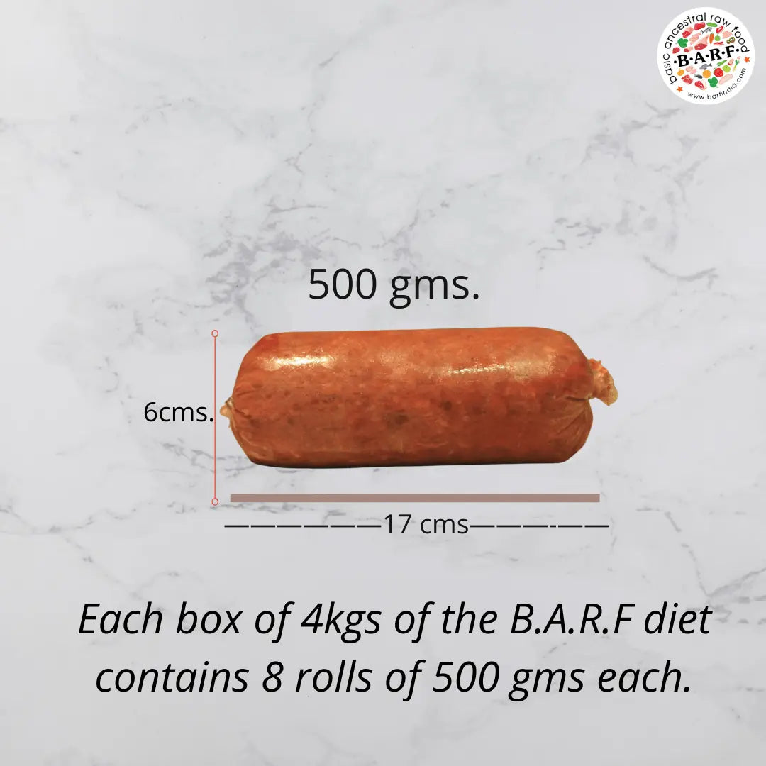 A single 500g sausage roll of Raw Dog Food – Cage-Free Chicken Recipe by www.barfindia.com is shown (17x6 cm). Text notes each 4kg box has 8 rolls. The B.A.R.F logo appears in the top right corner.