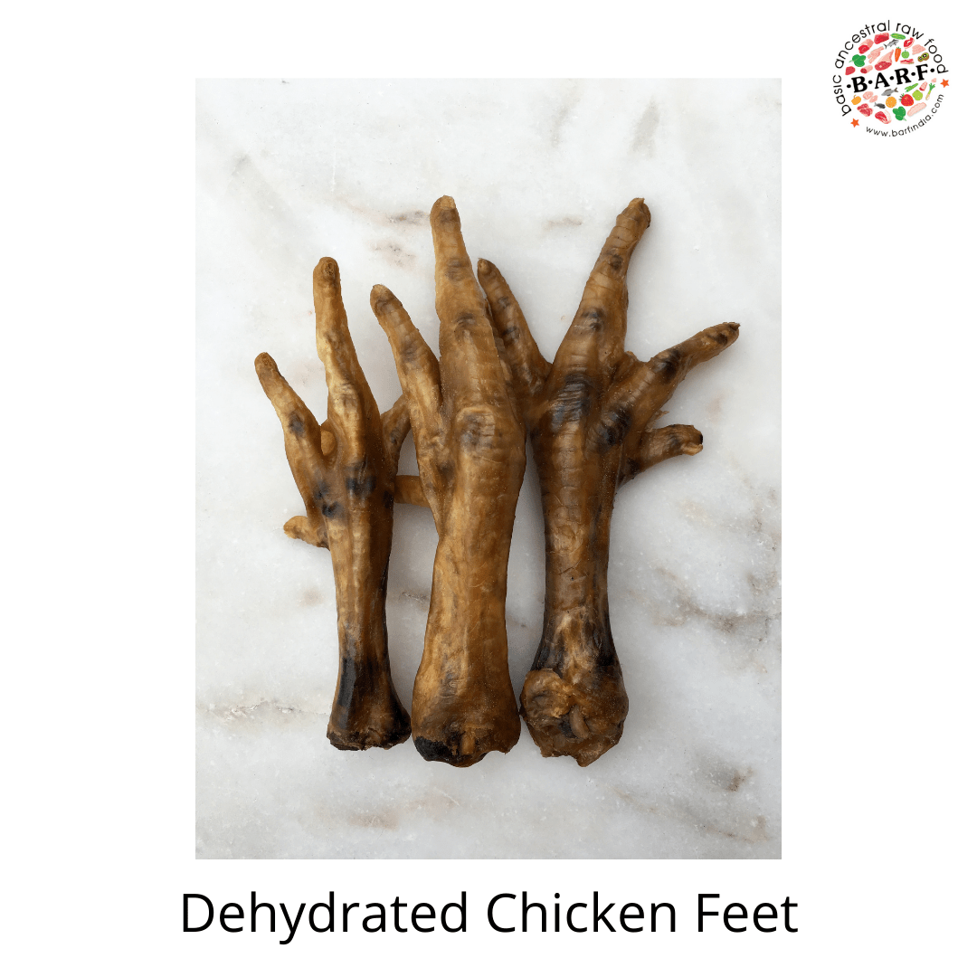 Fifteen Dehydrated Chicken Feet (approx. 200 gms.) from www.barfindia.com are arranged on a white marble surface, labeled