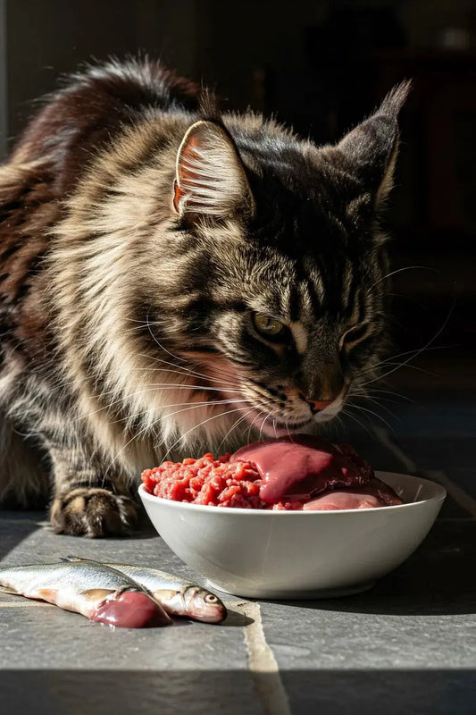 Cat Eating fresh Cat Food as a raw cat food meal