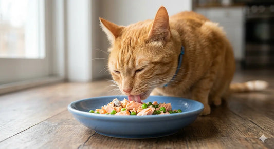 A Cat being served Fresh Cat Food in a bowl