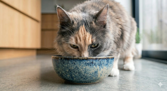 A Tabby Cat eating Premium Fresh Cat Food from his Bowl.