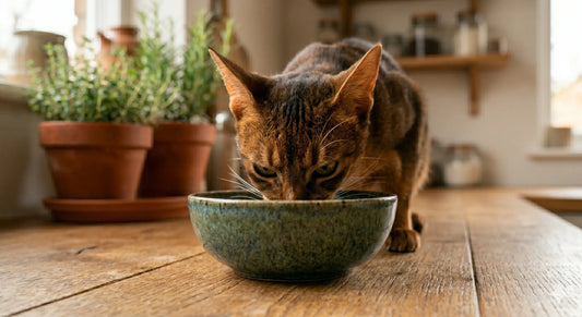 A Tabby Cat eating a fresh cat food meal loaded with natural Taurine