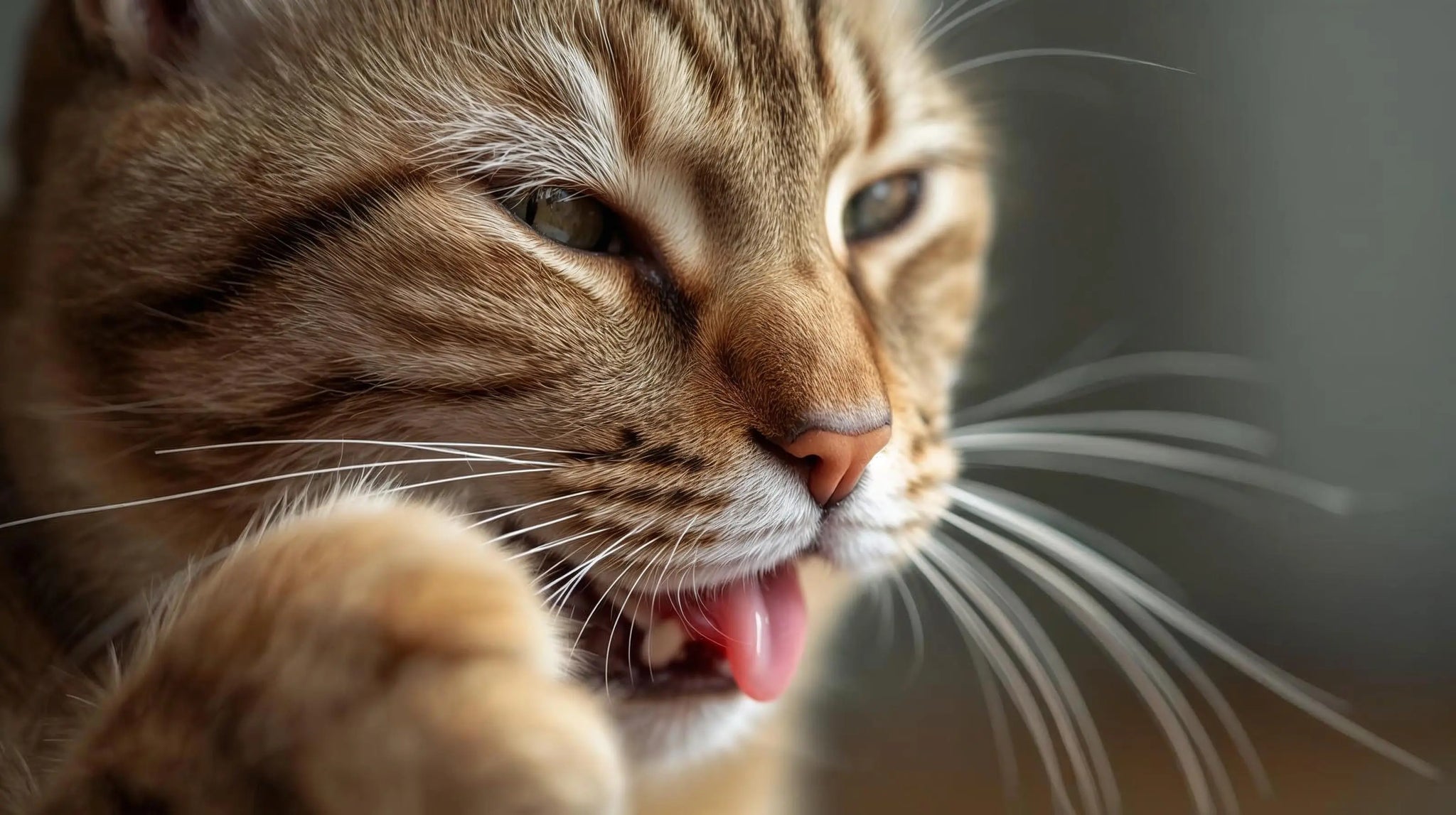 A strong cat gently grooming himself