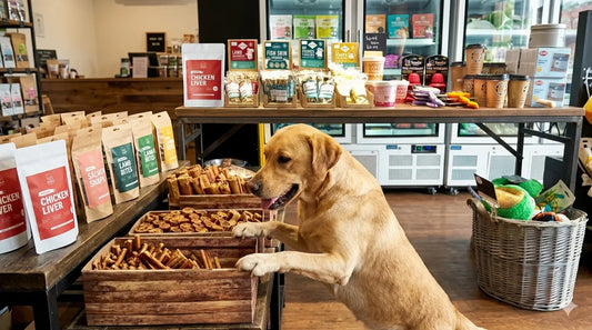 Labrador dog choosing his dog treats made by BARF India 
