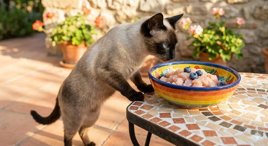 A Cat standing and staring at a bowl of fresh human grade cat food.
