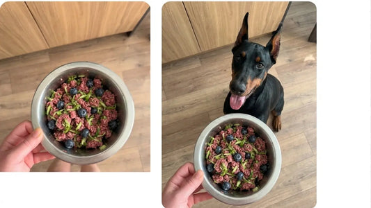 Doberman looking at a bowl of raw dog food made by BARF India.