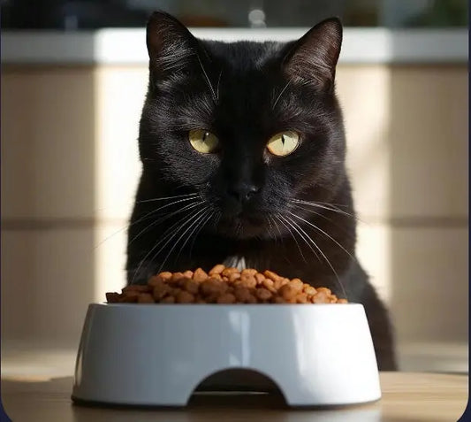 A Black Cat staring meaningfully at his bowl of cat foods loaded with starch