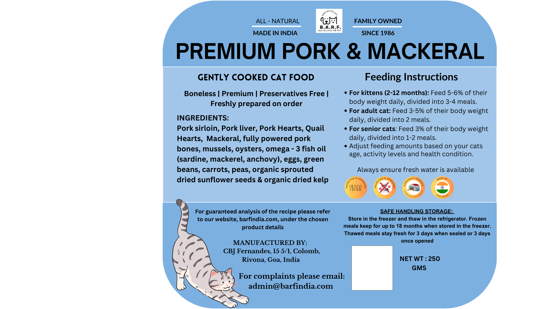 Grain-Free Gently Cooked Cat Food - Mackeral & Pork Recipe - 1.75kgs (250gms x 7 pkts) www.barfindia.com