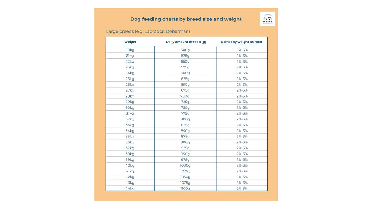 Large breed dog feeding chart (20–44kg) with daily raw food amounts (500–1100g), 2%–3% of body weight, featuring a grain-free Raw Dog Food – Whole Quail Recipe for Dogs, by www.barfindia.com, in a table on a peach background.