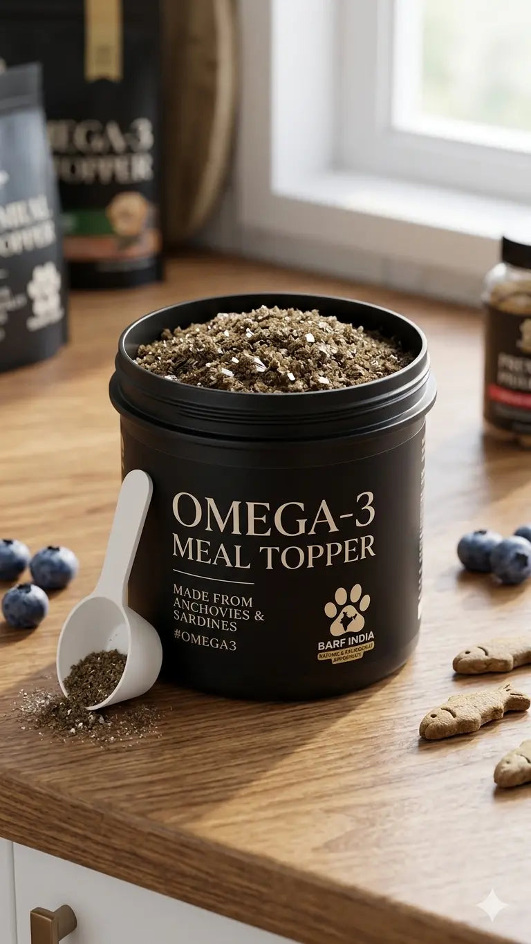 A black container labeled Omega 3 Super Sprinkles Powder - 250 gms by www.barfindia.com sits on a wooden countertop with a white scoop of powder, surrounded by blueberries and pet treats. Other containers and a window are in the background.