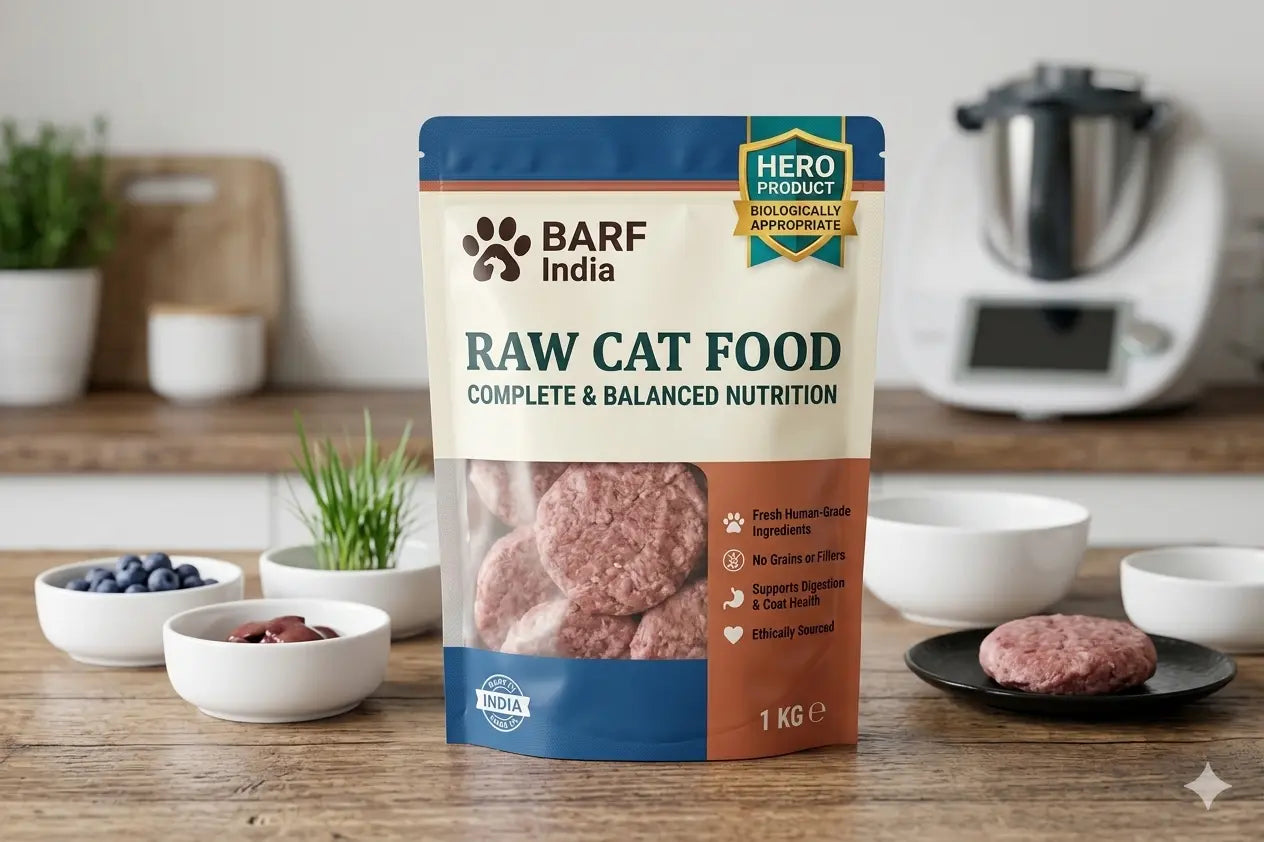A bag of Raw Cat Food Sampler Pack – Choose Small Trial Packs by www.barfindia.com sits on a kitchen counter, surrounded by bowls of blueberries, kibble, and raw patties—showcasing balanced nutrition for your cat's premium diet.
