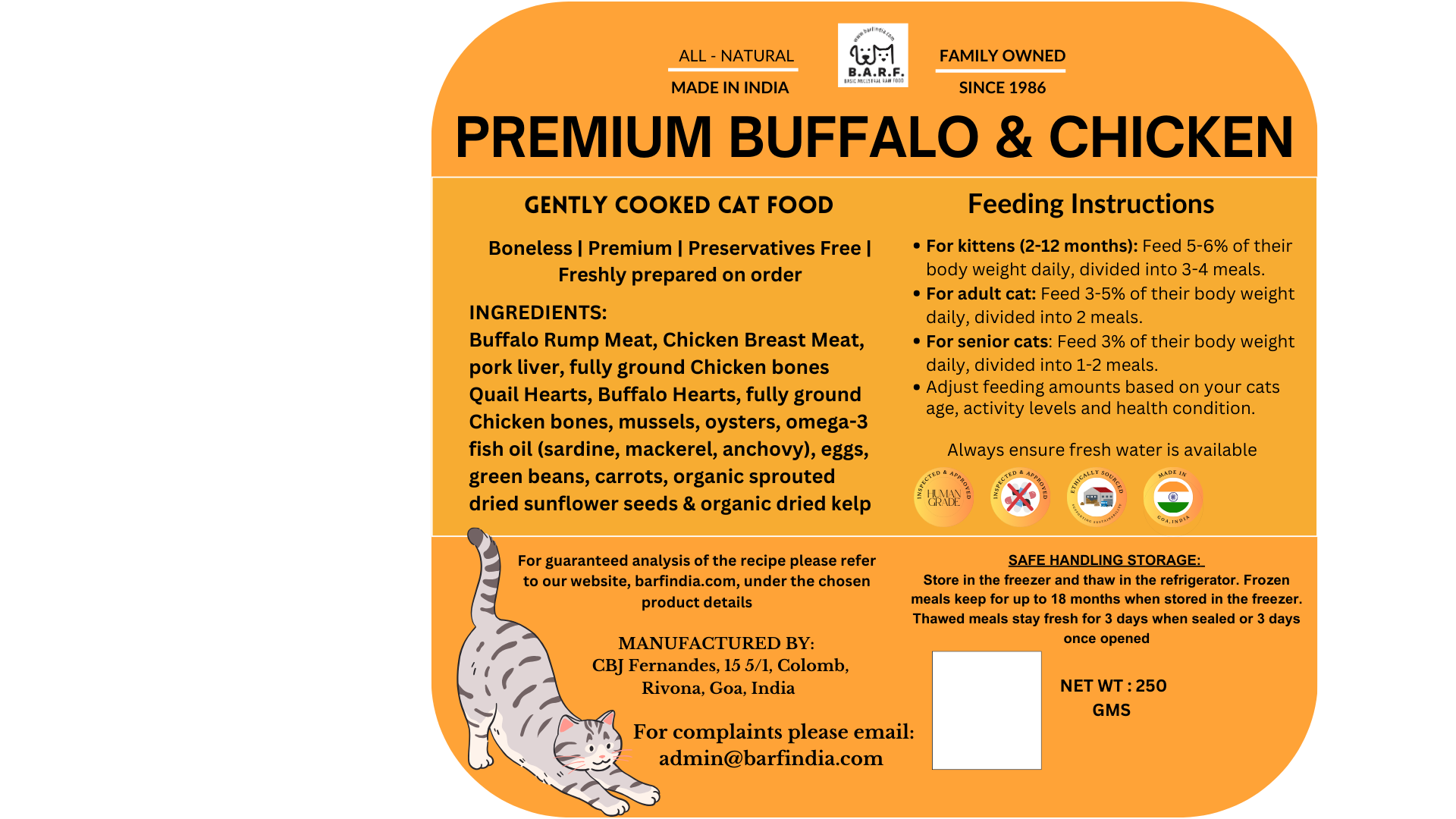 Grain-Free Gently Cooked Cat Food - Buffalo & Chicken - 1.75kgs (250gms x 7 pkts) www.barfindia.com