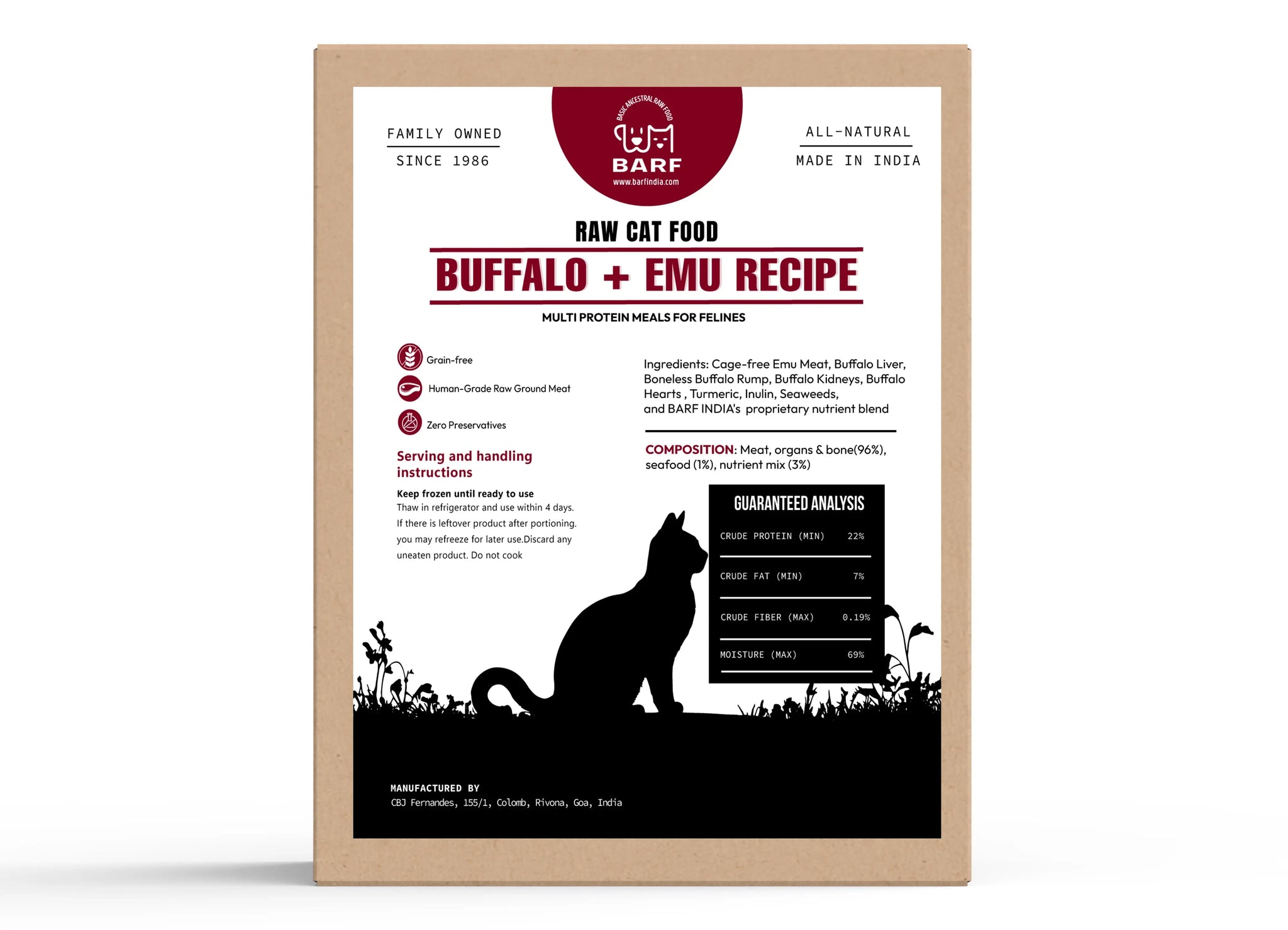 A brown and white package of www.barfindia.com Raw Cat Food – Buffalo and Exotic Emu Protein Blend, a premium raw cat food for allergies, with a silhouetted cat, details, feeding guide, ingredients, and nutrition info on the label.