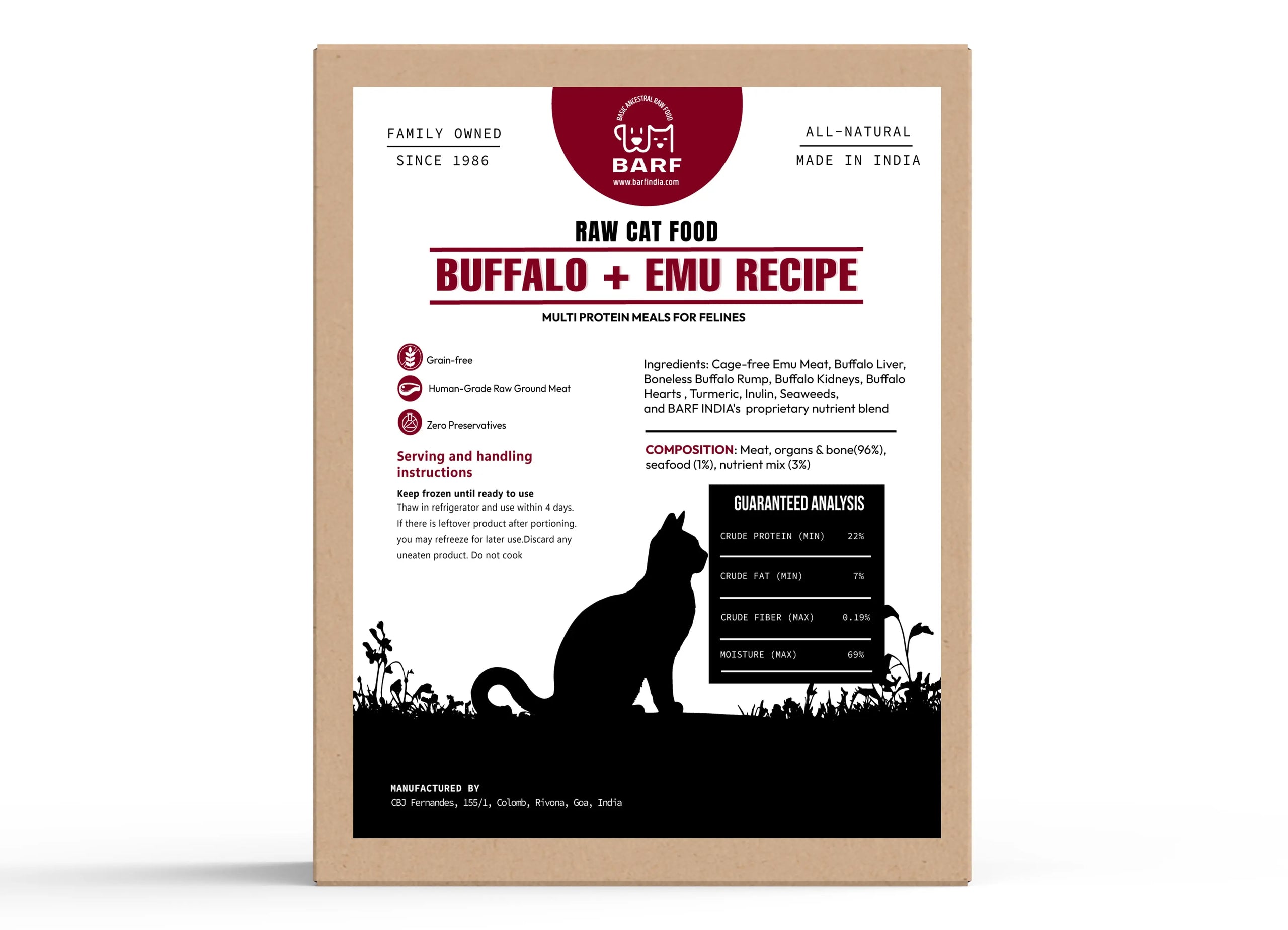 A brown and white package of www.barfindia.com Raw Cat Food – Buffalo and Exotic Emu Protein Blend, a premium raw cat food for allergies, with a silhouetted cat, details, feeding guide, ingredients, and nutrition info on the label.