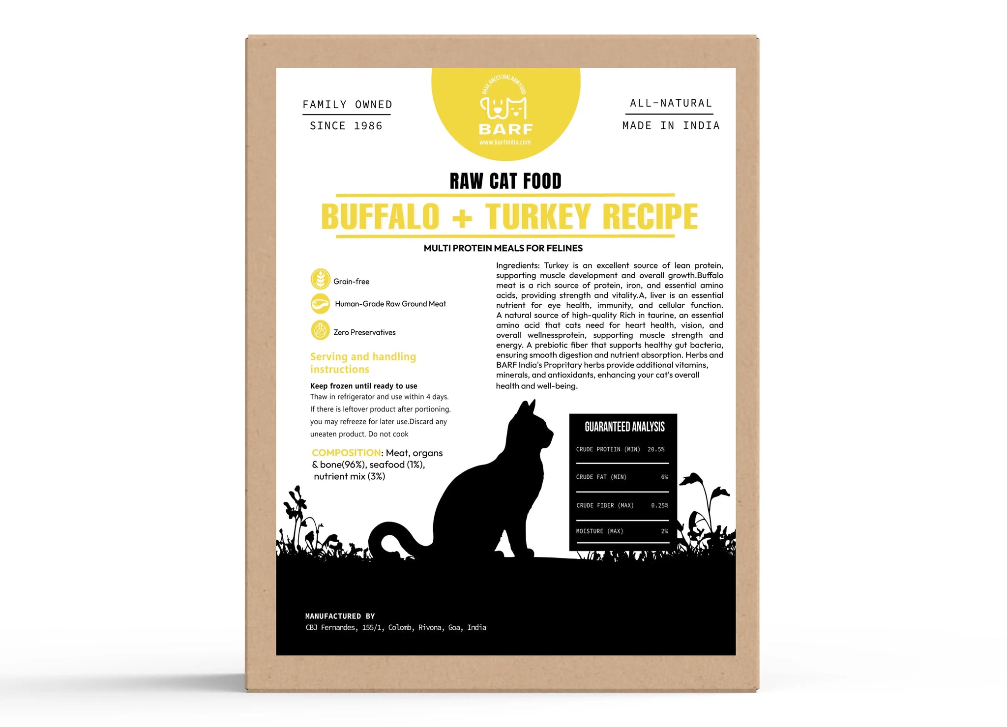 A brown box of www.barfindia.com Raw Cat Food – High-Protein Buffalo & Turkey Blend features a cat silhouette, ingredients list, serving instructions, nutrition facts, and icons for Grain-Free and Human-Grade Meats.