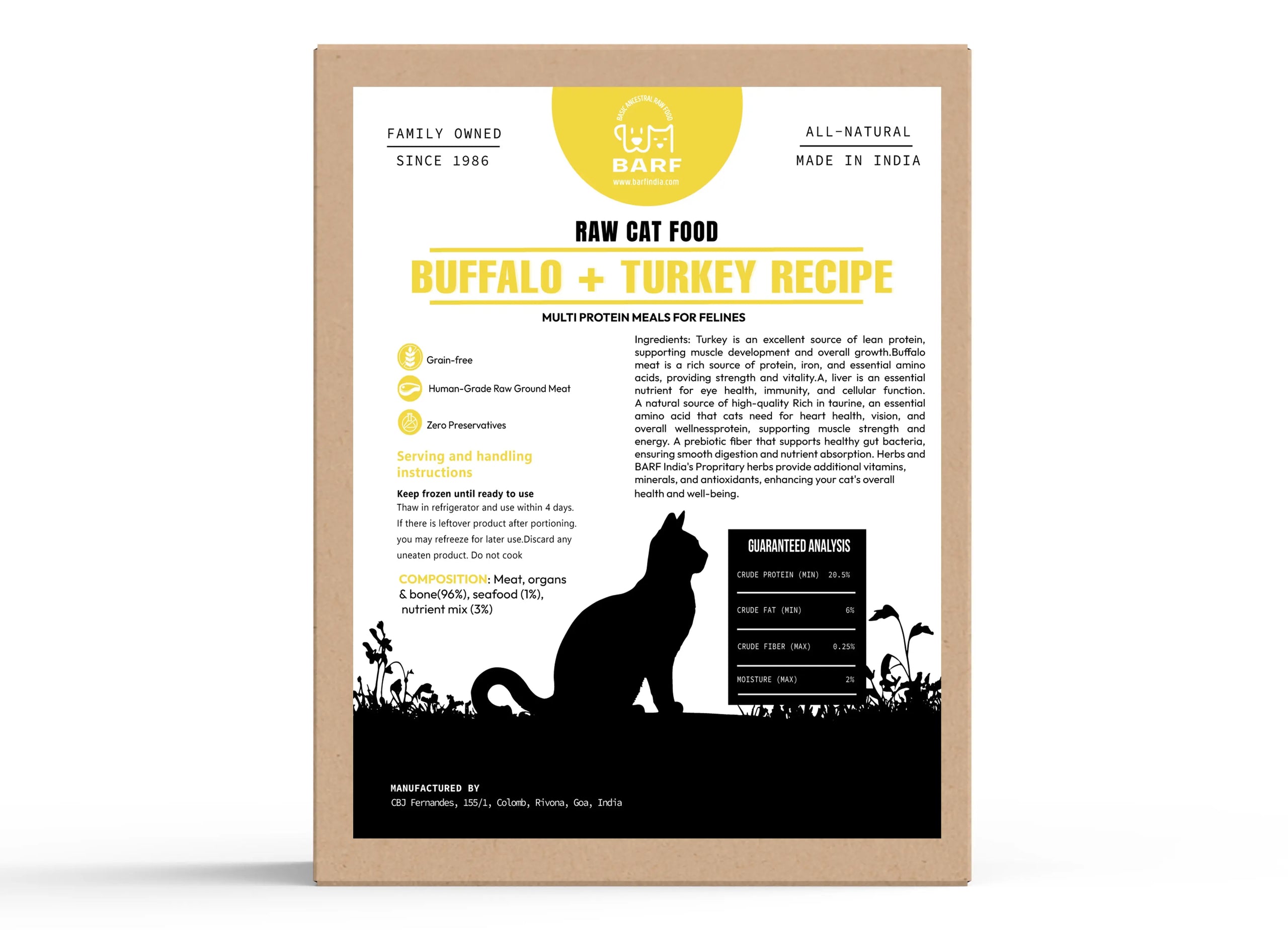 A brown box of www.barfindia.com Raw Cat Food – High-Protein Buffalo & Turkey Blend features a cat silhouette, ingredients list, serving instructions, nutrition facts, and icons for Grain-Free and Human-Grade Meats.