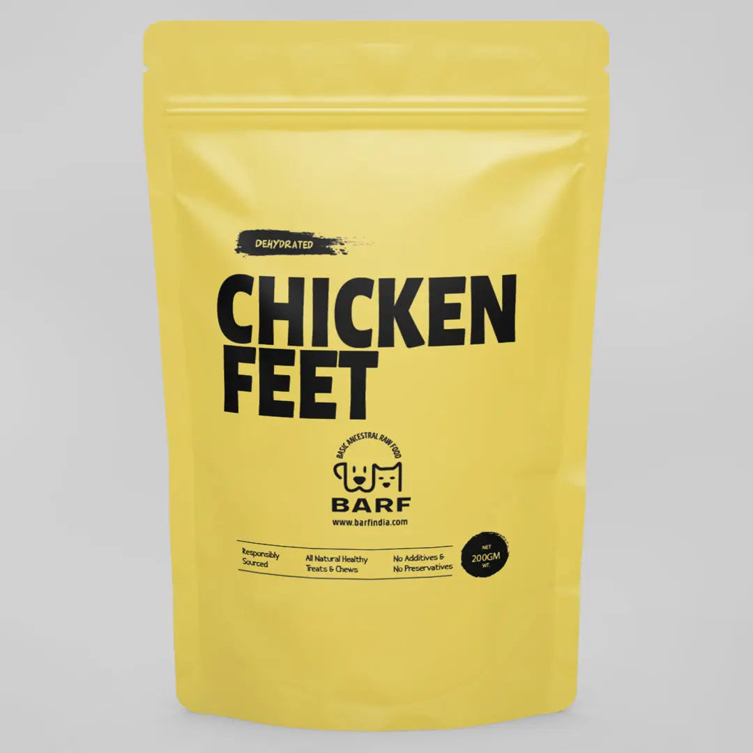 A yellow resealable bag from www.barfindia.com labeled Dehydrated Chicken Feet (15 pcs approx. 200 gms) for dogs. The pack highlights All Natural Healthy Dog Chew Treats with No Additives or Preservatives.