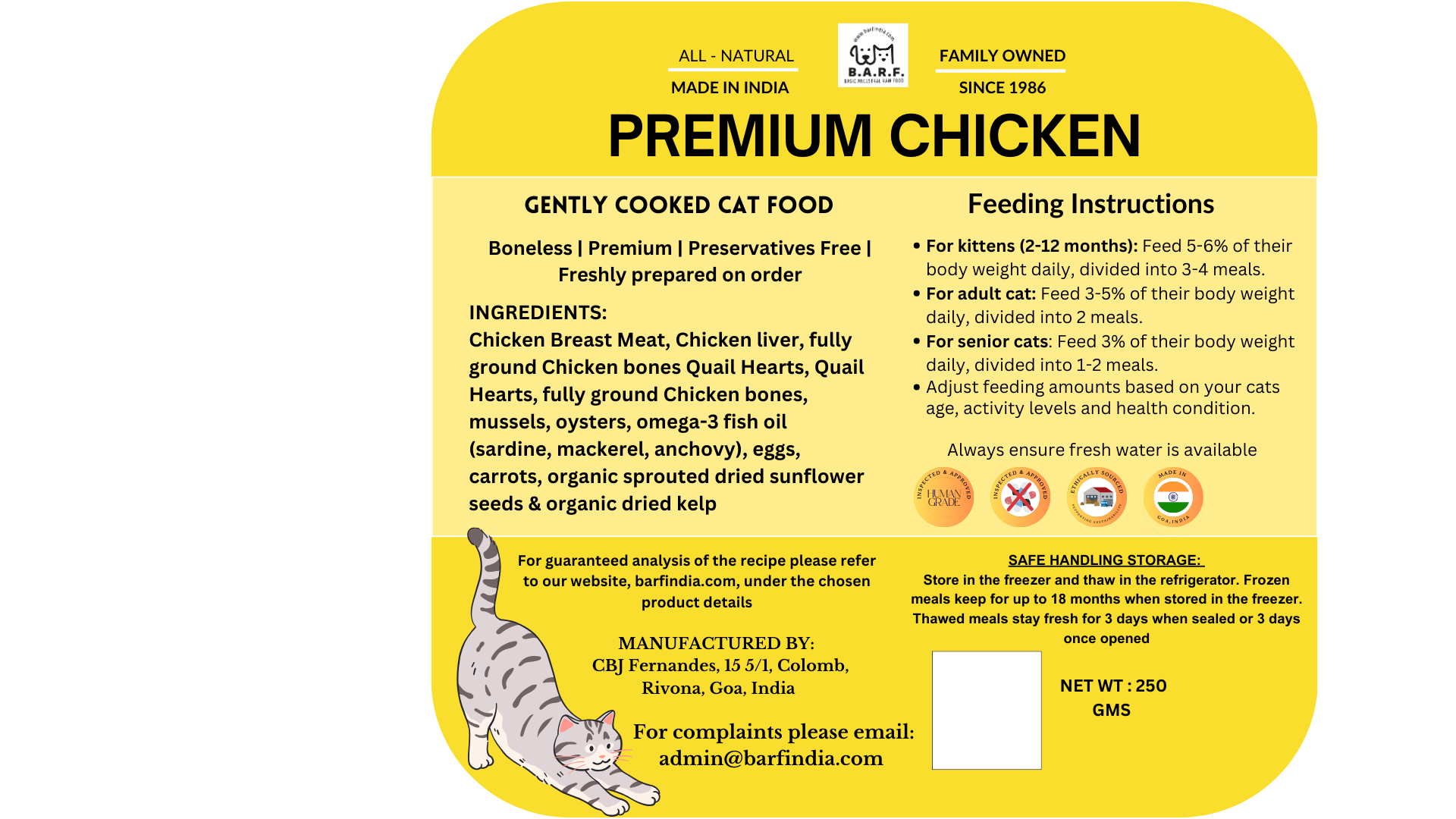 Grain-Free Gently Cooked Cat Food - Chicken Recipe - 1.75kg (250gms x 7 pkts) www.barfindia.com