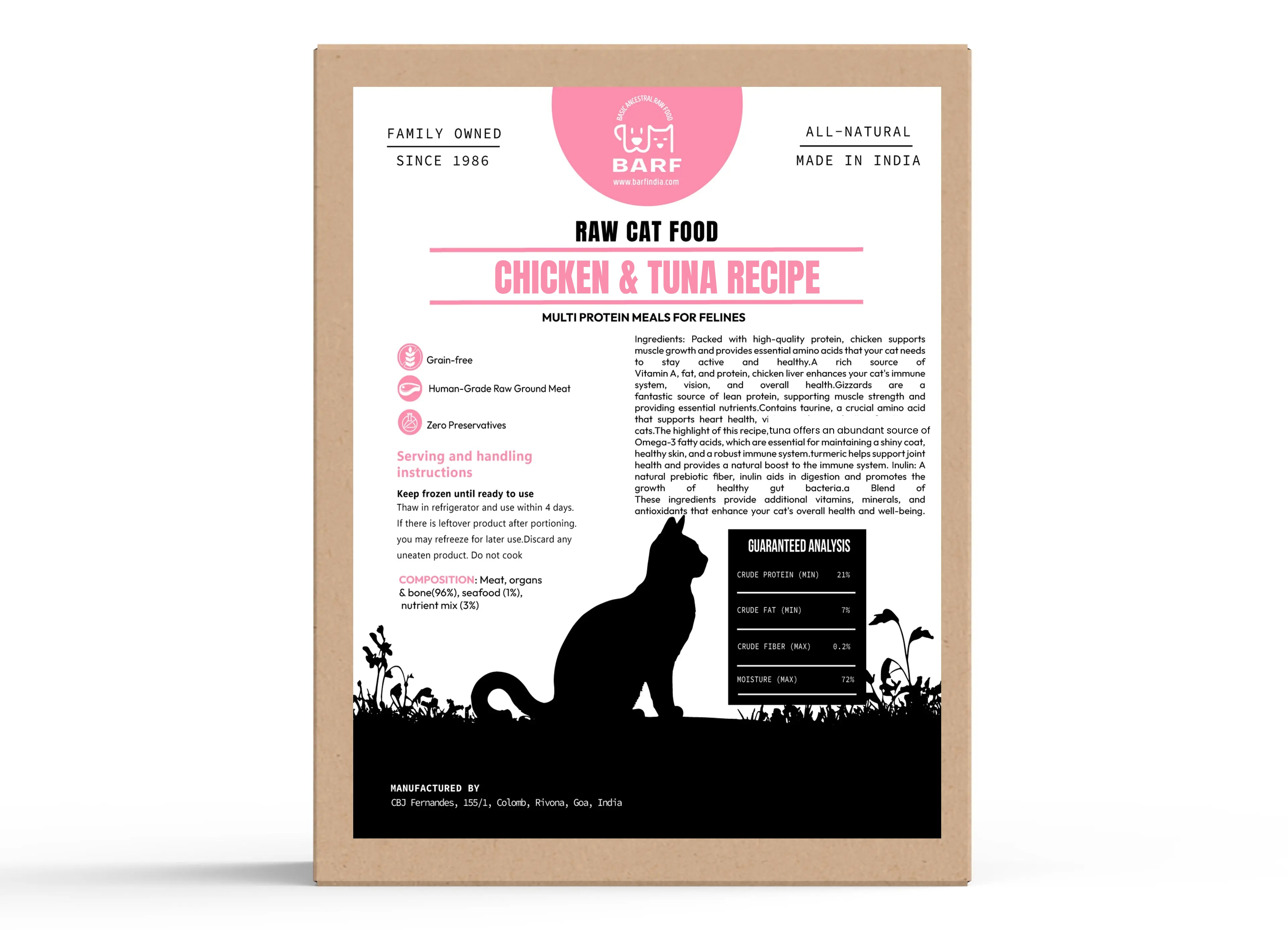 A package of BARF Raw Cat Food, Chicken & Tuna Recipe, shown standing upright against a white background. The packaging features a kraft paper border with a white center containing pink and black text, a pink circular logo, and a black silhouette of a cat. BARF INDIA