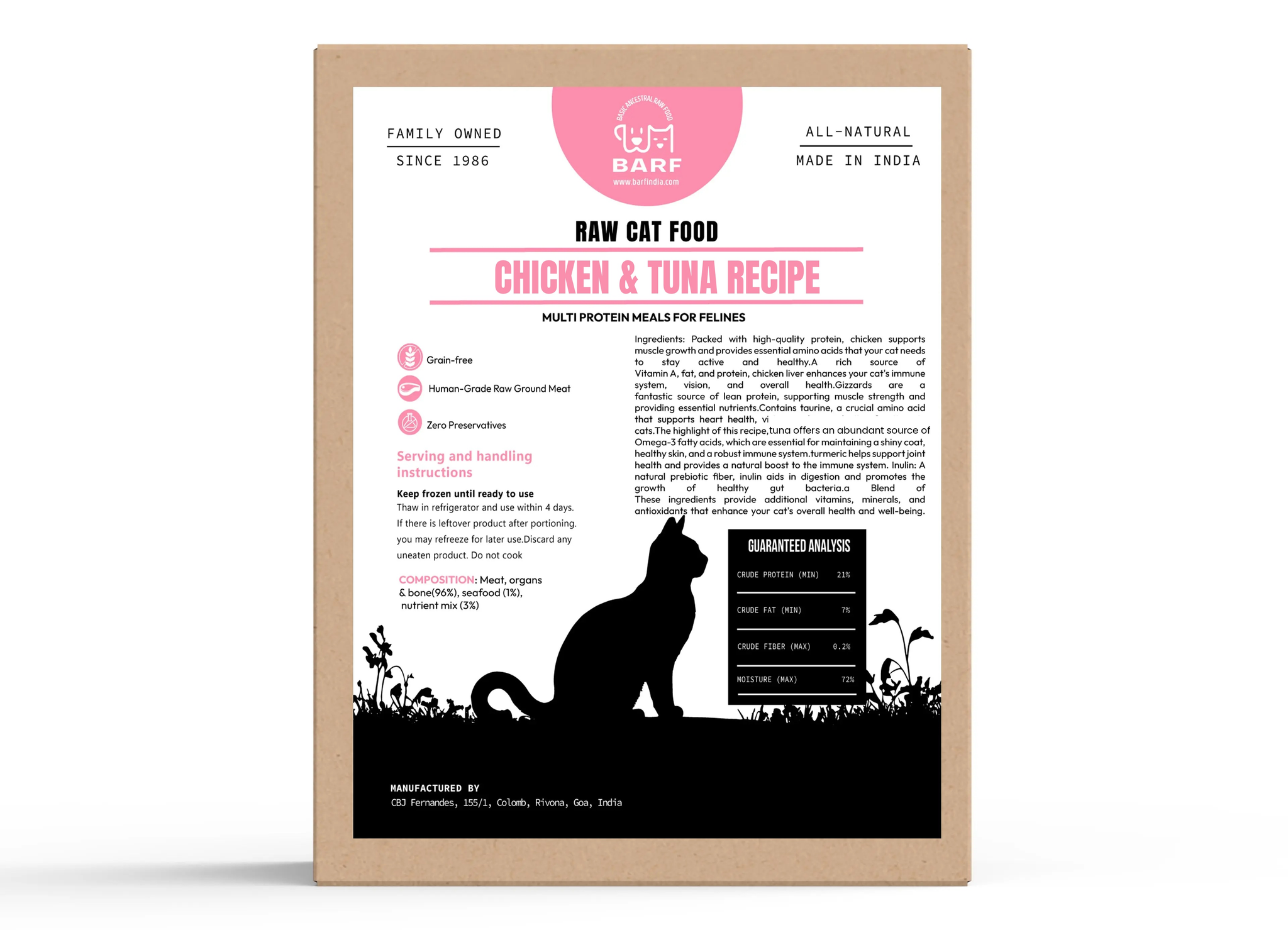 A package of BARF Raw Cat Food, Chicken & Tuna Recipe, shown standing upright against a white background. The packaging features a kraft paper border with a white center containing pink and black text, a pink circular logo, and a black silhouette of a cat.