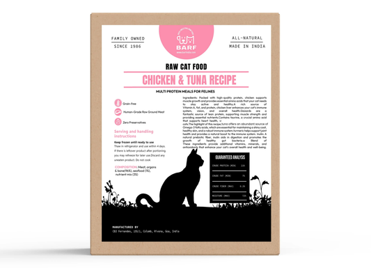A package of BARF Raw Cat Food, Chicken & Tuna Recipe, shown standing upright against a white background. The packaging features a kraft paper border with a white center containing pink and black text, a pink circular logo, and a black silhouette of a cat.