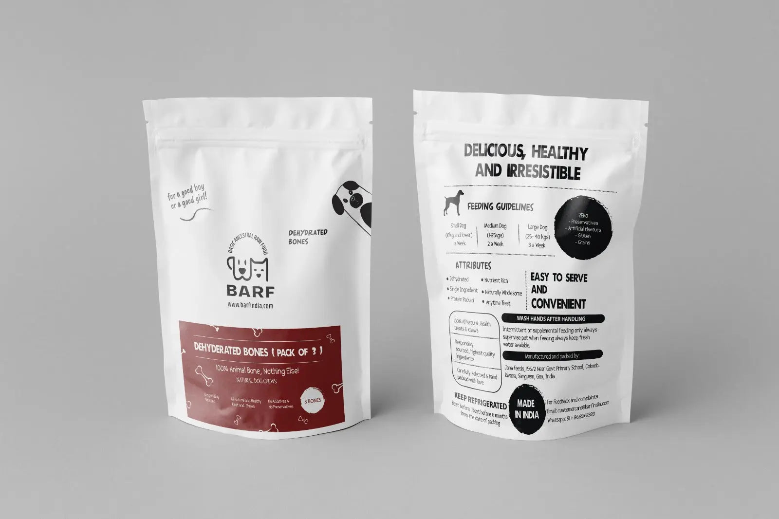 Three white resealable bags of Dehydrated Bone Chews (Pack of 3) from www.barfindia.com are shown—one displays the front label, another features feeding guidelines, making these perfect organic bone-building treats for dogs.