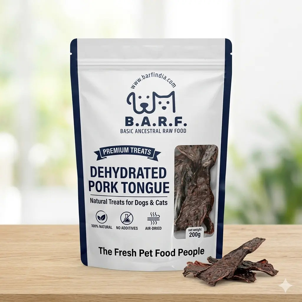 B.A.R.F. dehydrated pork tongue treat package on a wooden surface with blurred background