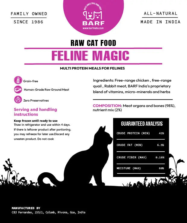 The purple and white label for www.barfindia.com’s Raw Cat Food - Feline Magic - 4.8kgs displays a cat silhouette, product details, nutrition info, ingredients, feeding guide, and highlights its all-natural and grain-free qualities.