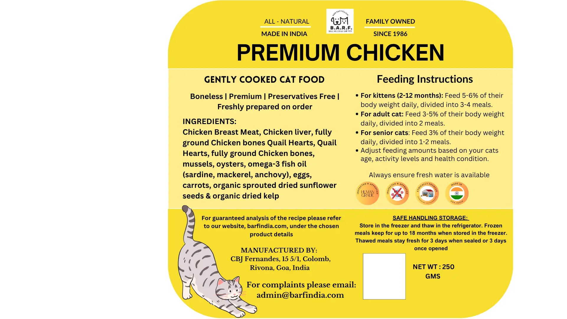 Yellow label for Sampler Pack - Gently Cooked Cat Food by www.barfindia.com, highlighting all-natural, preservative-free boneless chicken. Includes a cartoon cat, feeding guide, ingredients, storage tips, manufacturer info, and 250g net weight.
