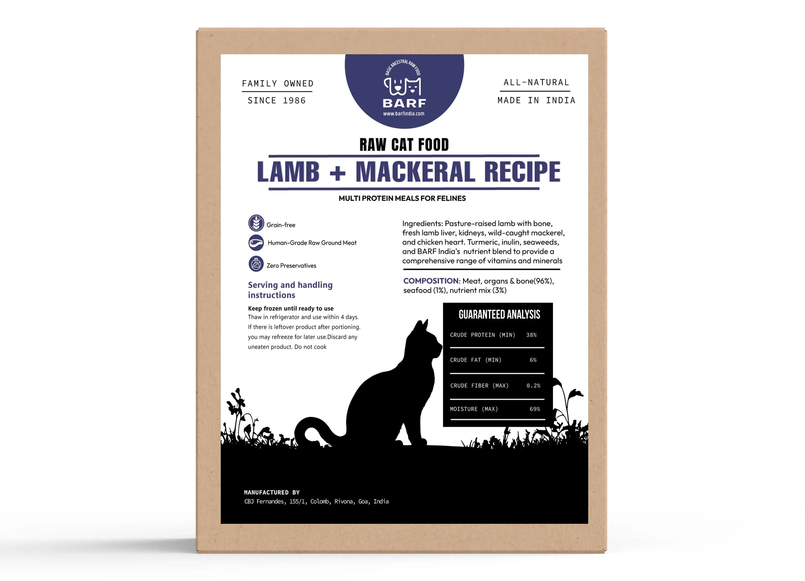 A cardboard package of Raw Cat Food - Lamb+Mackeral by www.barfindia.com, featuring a black cat silhouette, nutritional info, ingredient highlights, brand details, and feeding instructions.