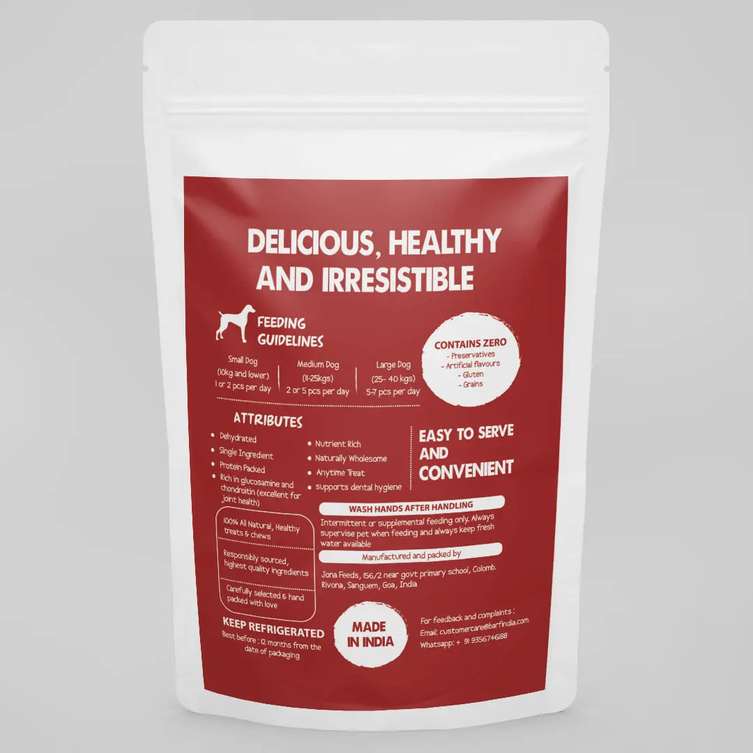 A white resealable pouch with a red label from www.barfindia.com shows feeding guidelines and details for Dog Treats - Dehydrated Pork Liver (Very Addictive, 100gms). The all natural, grain free treats are made in India.