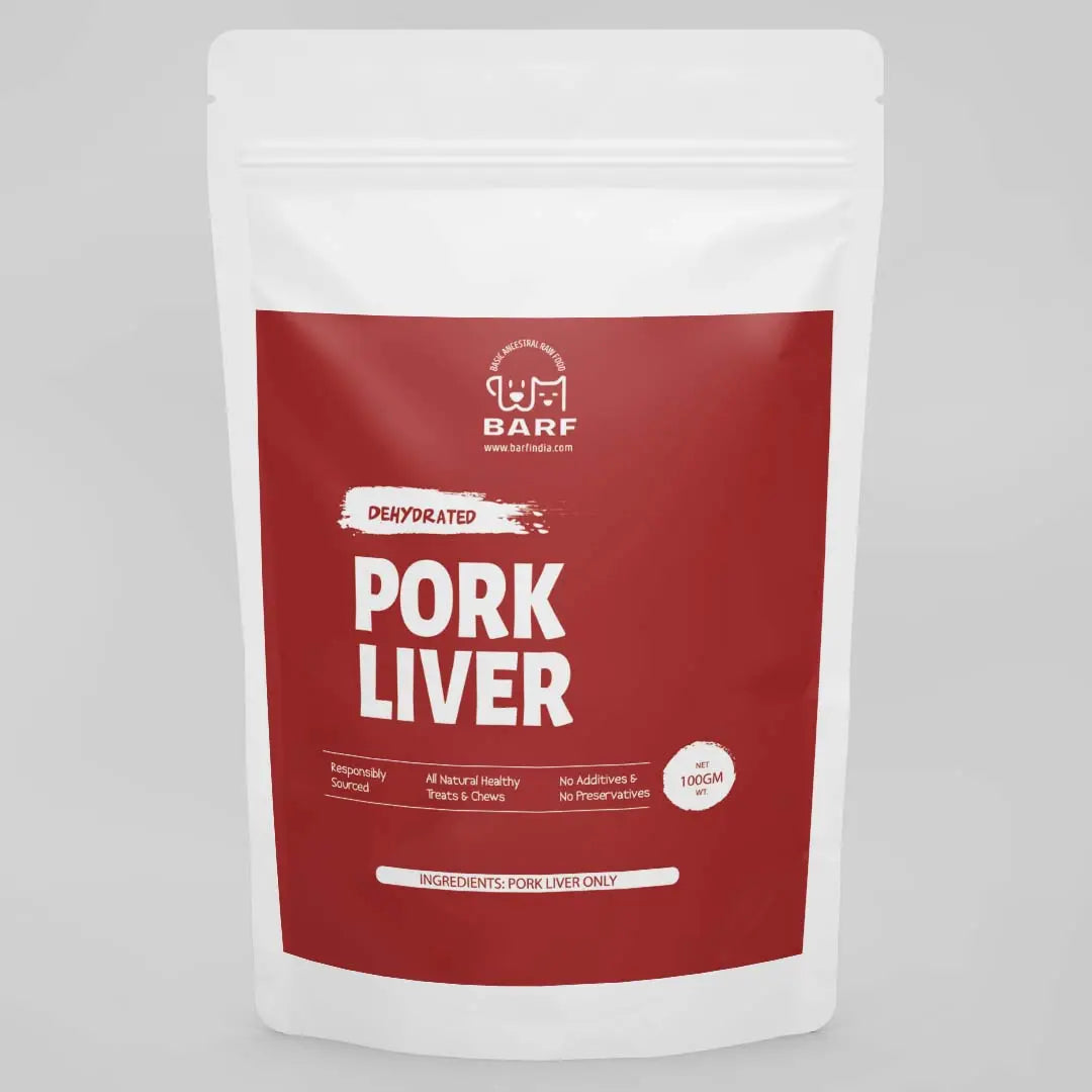 A white pouch with a red label features Dog Treats - Dehydrated Pork Liver (100gms) by www.barfindia.com—delicious, all-natural, grain-free dog treats with no additives; made from 100% pork liver.