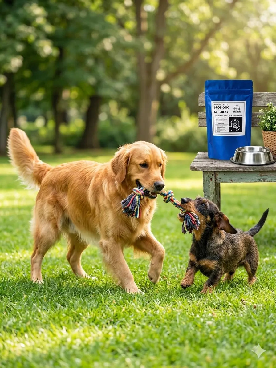A golden retriever and a small brown dog tug on a rope toy in a grassy park. On a bench, Probiotic Gut Chews for Dogs – Support Digestion Naturally from www.barfindia.com sit next to pet food and a metal bowl as sunlight filters through the trees.