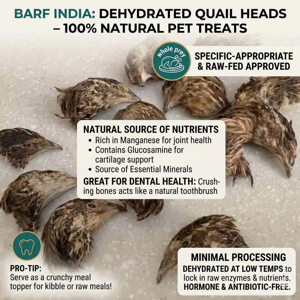 A set of 15 Cat Treats – Quail Heads by www.barfindia.com is arranged on a white surface, showcasing these minimally processed, hormone- and antibiotic-free snacks as a novel protein source supporting cat nutrition and dental health.