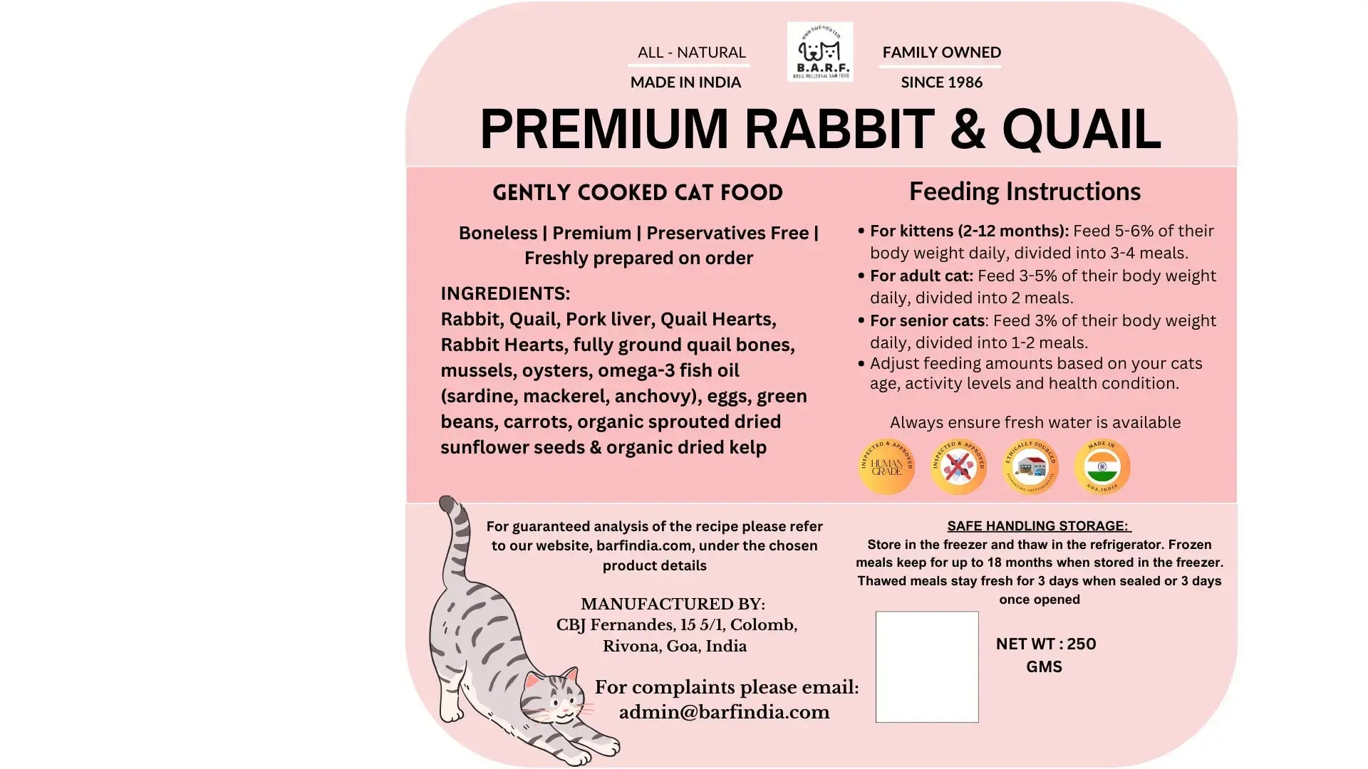 Cooked Cat Food - Grain free Rabbit & Quail Recipe (1.75kg, 7x250g) label features ingredients, feeding and storage instructions, allergy warnings, manufacturer info (www.barfindia.com), and a gray tabby cat illustration on a pink background.