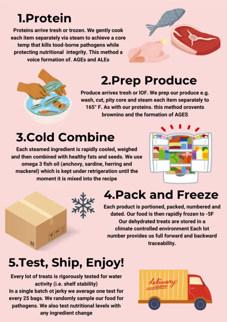 A colorful infographic from www.barfindia.com shows the 5-step process of making Cooked Cat Food - Grain free Rabbit & Quail Recipe (1.75kg): protein cooking, prepping produce, cold combining, packing/freezing, then testing and delivery.