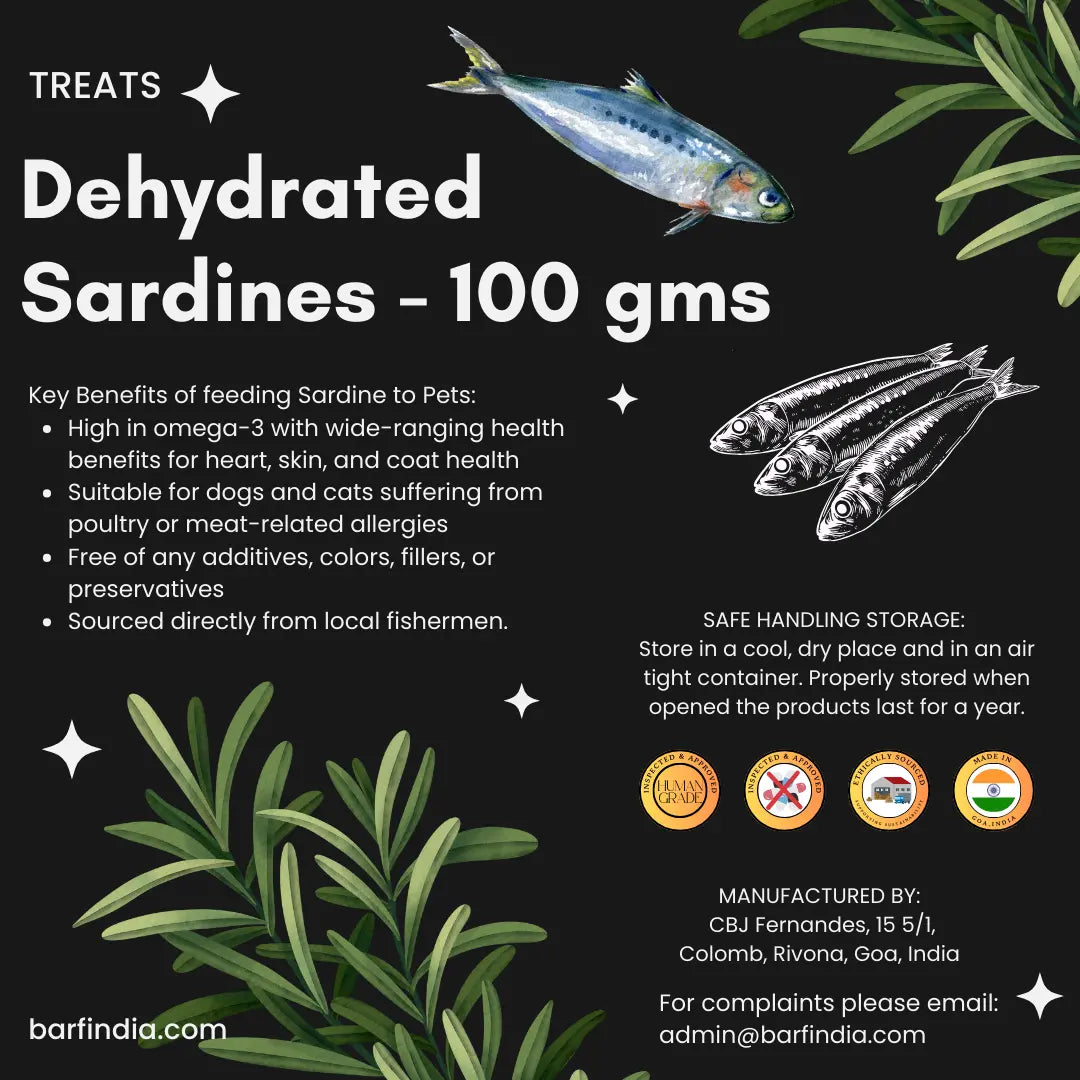 The www.barfindia.com Dog Treats - Dehydrated Sardines 100 gms pack label shows sardines and leafy designs, lists health benefits, safe handling tips, contact info, and quality certifications.