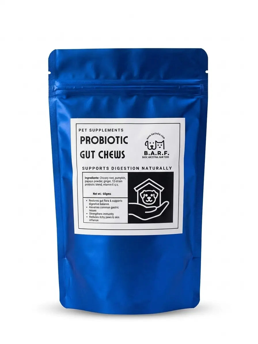 A blue resealable pouch labeled "Probiotic Gut Chews for Dogs – Support Digestion Naturally" by www.barfindia.com, with a black and white dog-in-hand graphic, offers natural digestive support with these probiotic supplements.