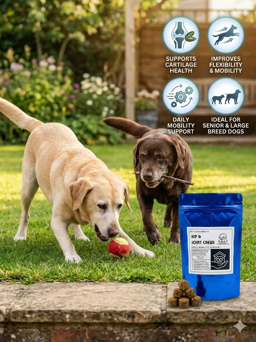 Two dogs play on grass: one chews a red ball, the other carries a stick. In the front, a blue www.barfindia.com Hip & Joint Chews for Dogs – Daily Mobility Support bag shows benefits for cartilage and joint health in older or large breeds.