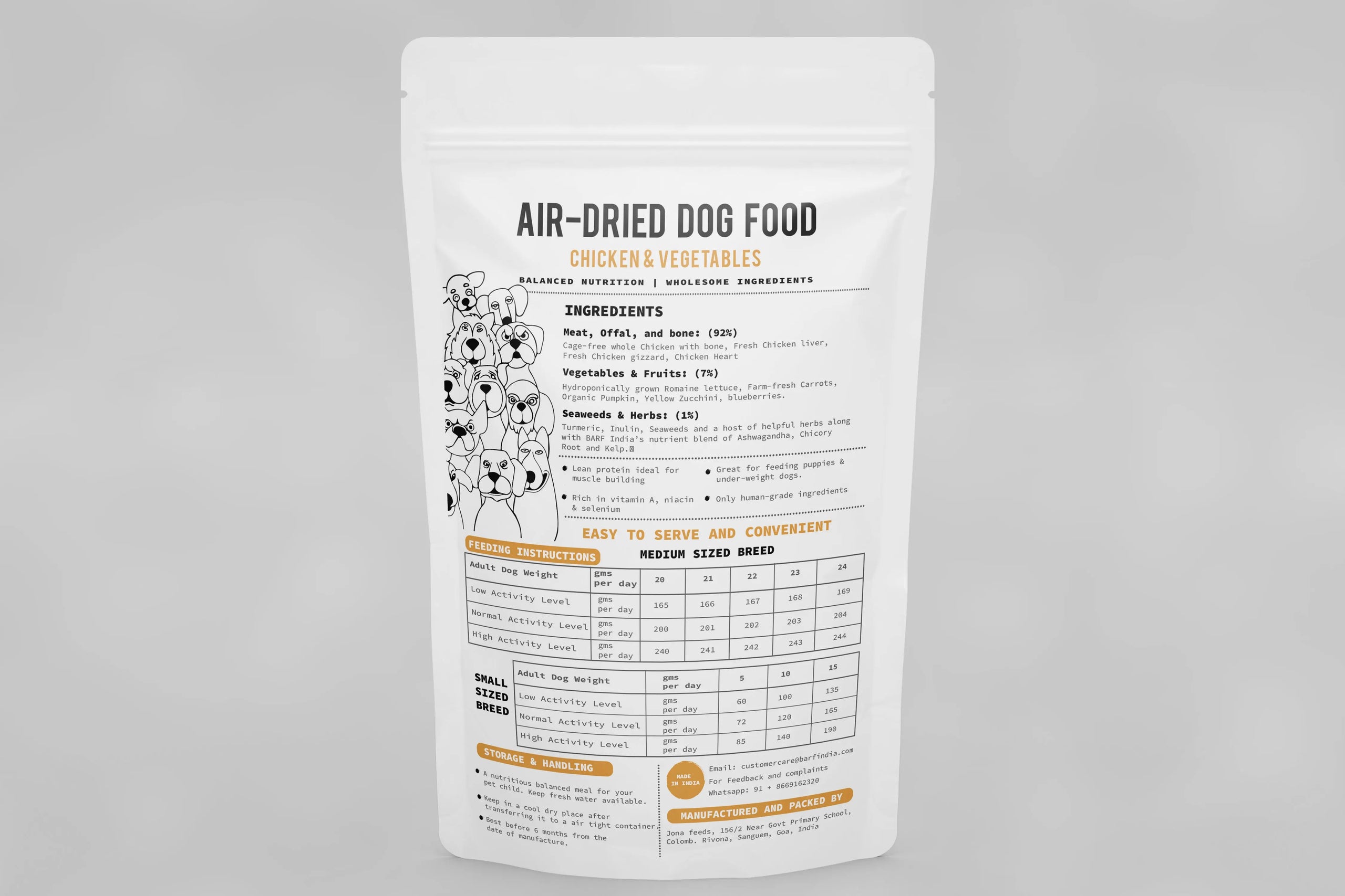A white resealable bag of Air Dried Dog Food - Chicken Recipe by www.barfindia.com features ingredients, nutrition facts, feeding guidelines, and cartoon dogs on the left side, emphasizing high quality natural ingredients.