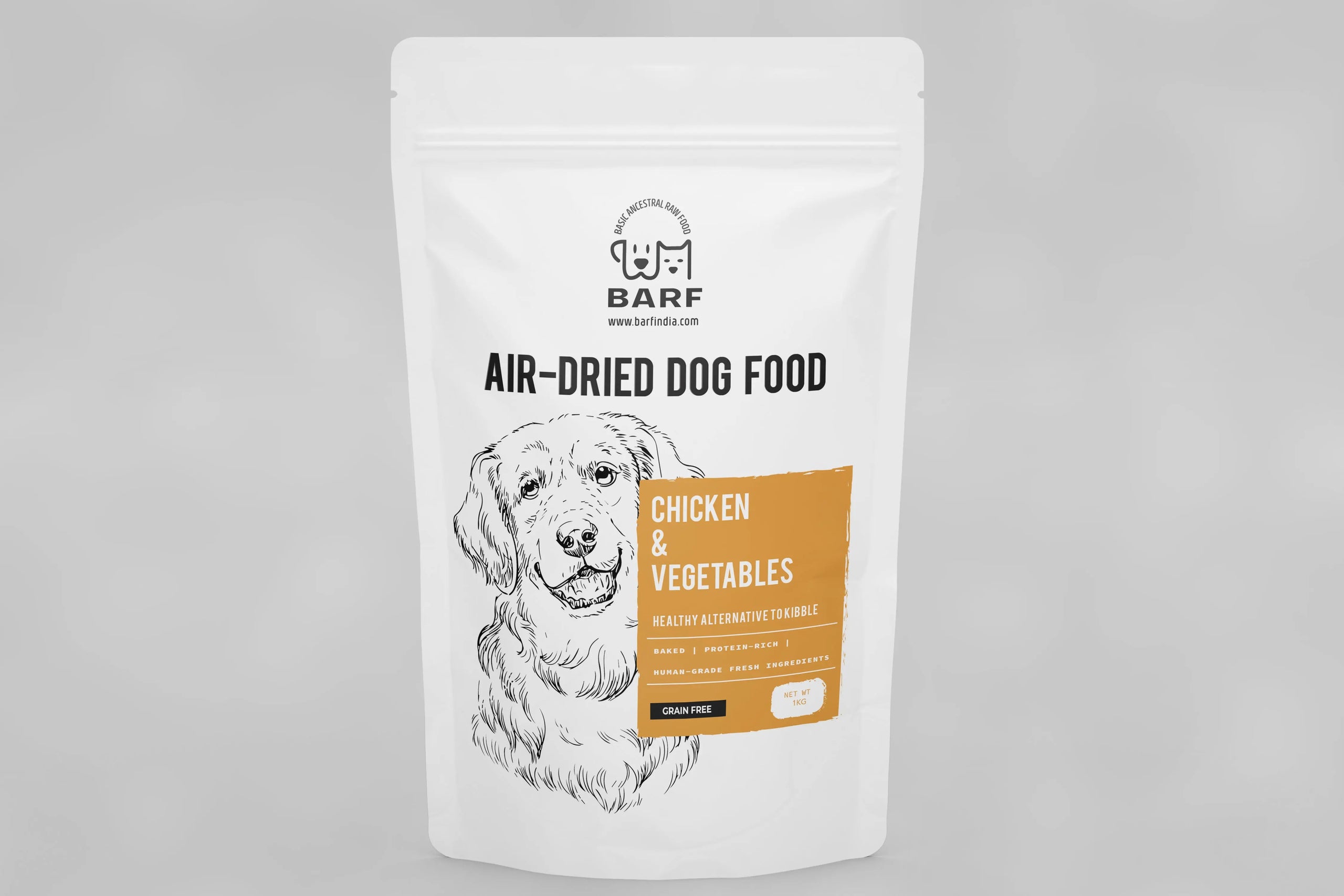 A white pouch of www.barfindia.com Air Dried Dog Food - Chicken Recipe, featuring a dog illustration, orange Chicken & Vegetables label, grain-free claim, high quality natural ingredients, and a resealable top.